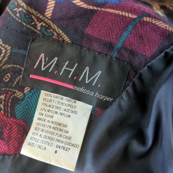 Vintage 90s Melissa Harper MHM Midi Dress Rose Paisley Velvet Peplum Size 8 - Picture 8 of 9